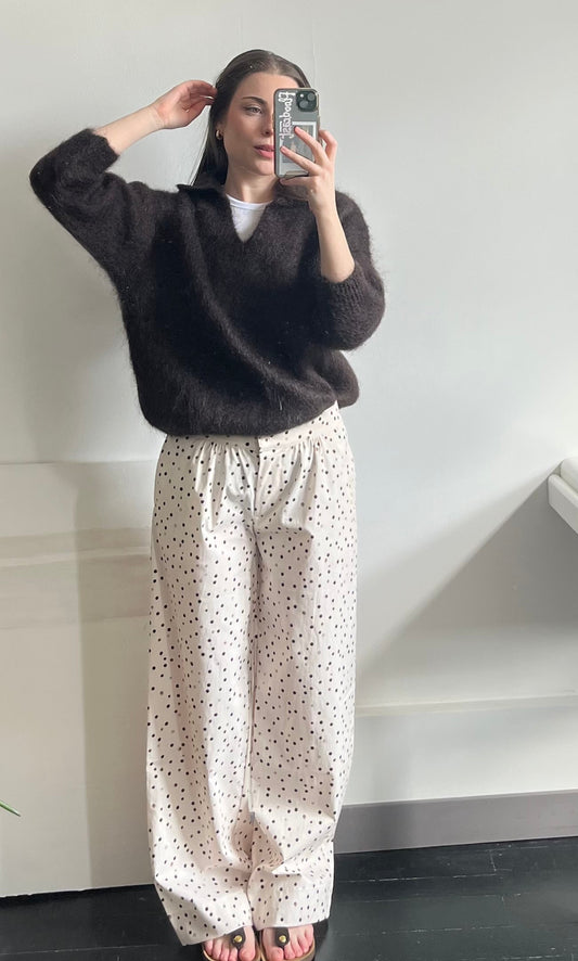 Pull femme kid mohair chocolat col polo manches 3/4 fabriqué en Italie – Rouge Garance