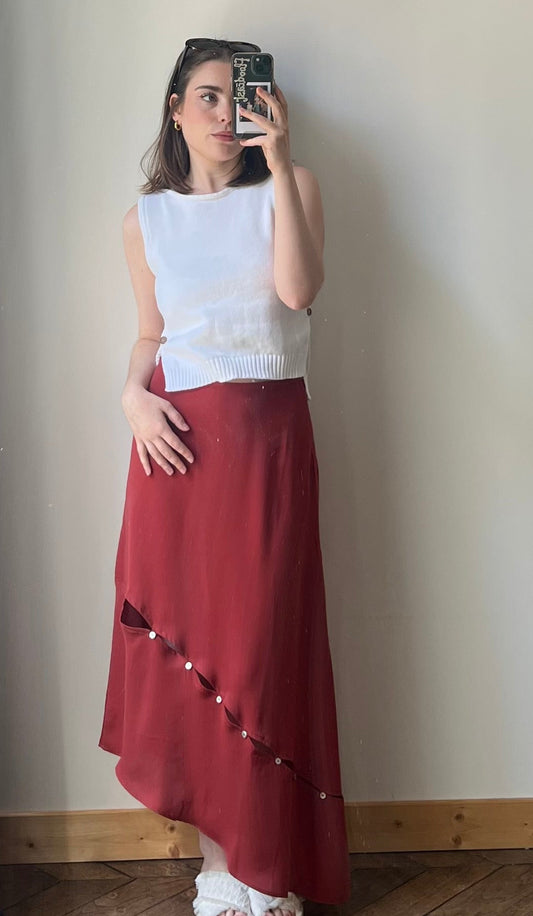 Jupe asymétrique terracotta fabriquée au Portugal en polyester recyclé