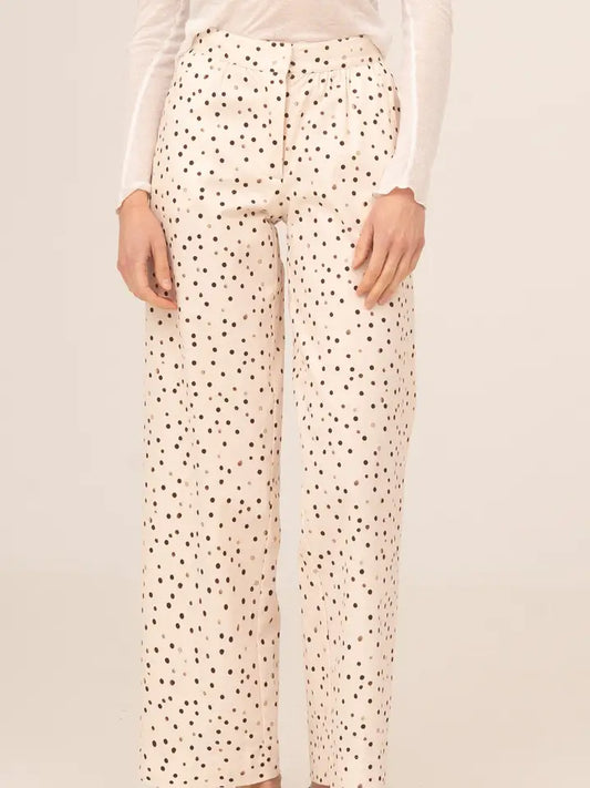 Pantalon crème à pois marron