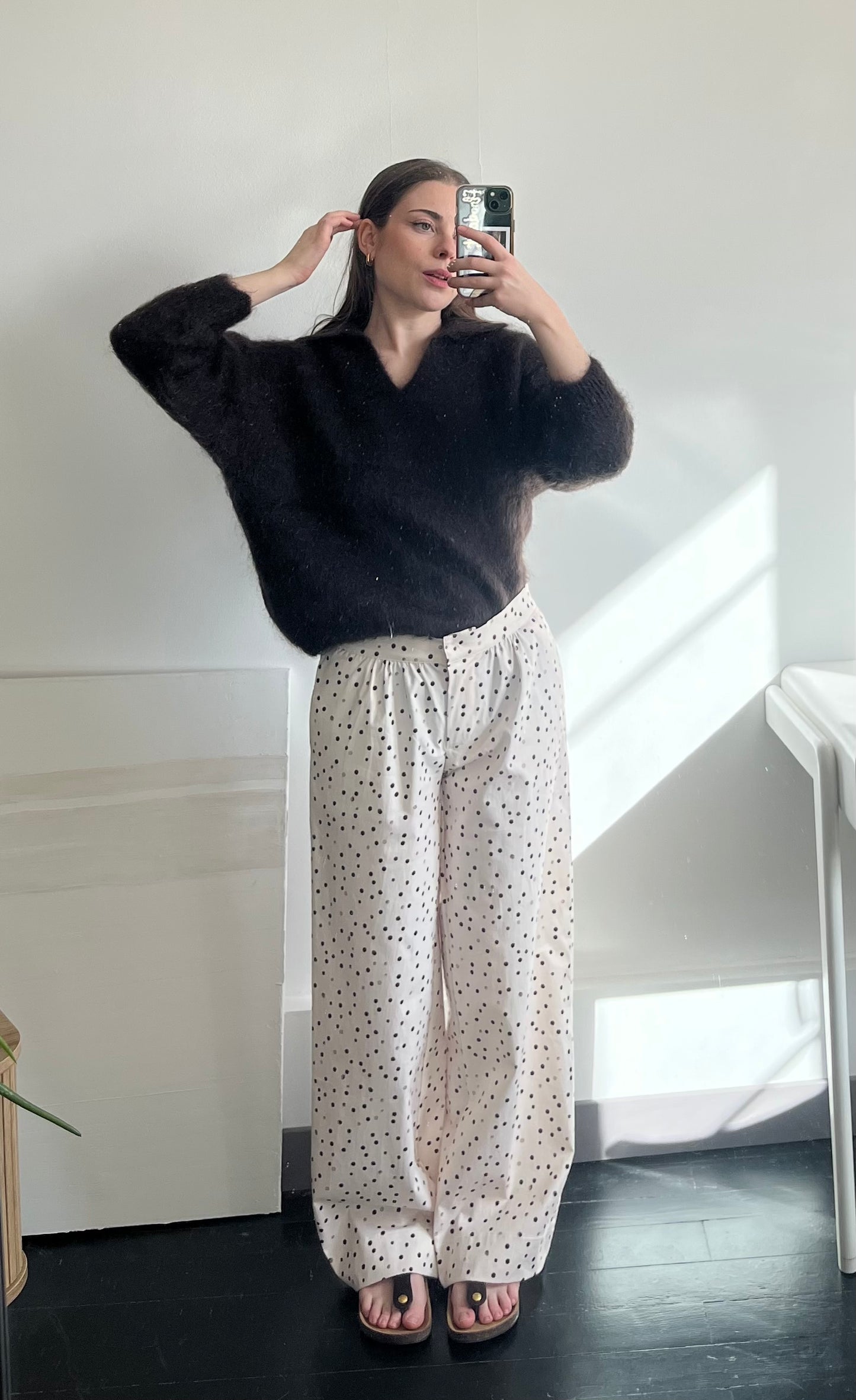 Pantalon crème à pois marron