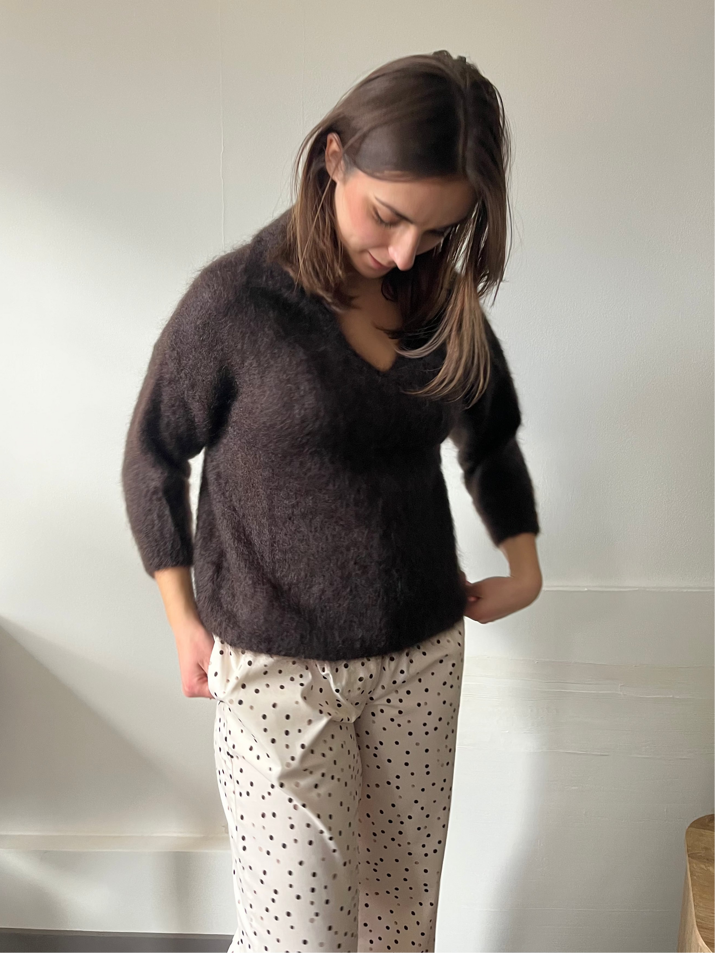 Pull femme kid mohair chocolat col polo manches 3/4 fabriqué en Italie – Rouge Garance