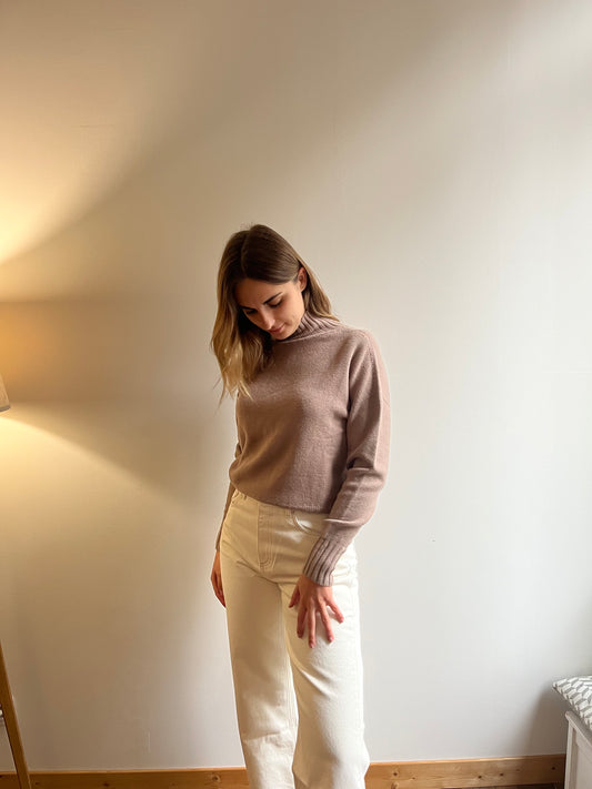 Pull femme col montant taupe – coton, laine et cachemire, fabrication italienne